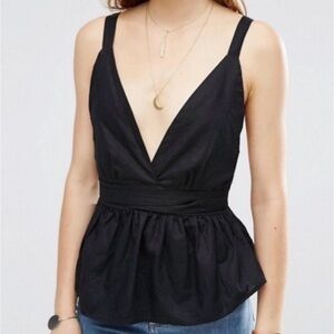 Free People Benji Flared Deep Plunge V-neck Boho Indie Top Tie Back Black Size 4